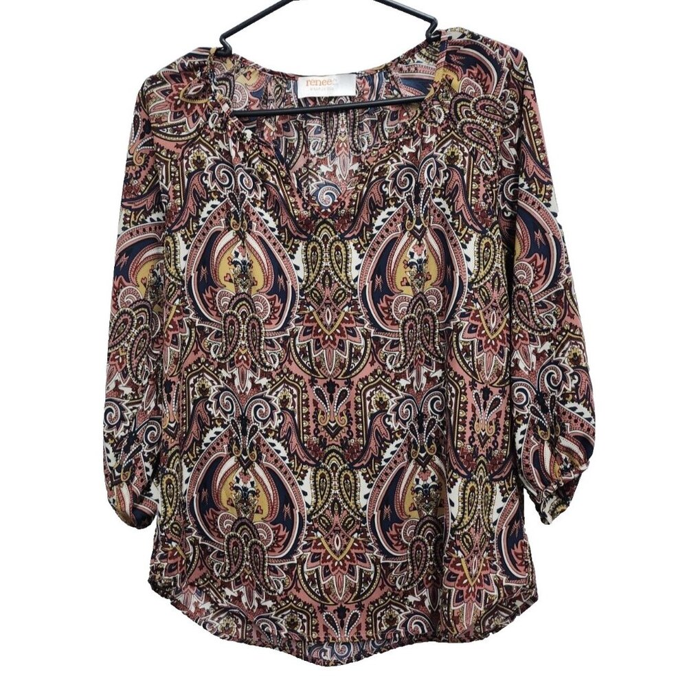 Renee C Womens BOHO Blouse‎ Top Small Multi Paisley Balloon Sleeve Cottagecore